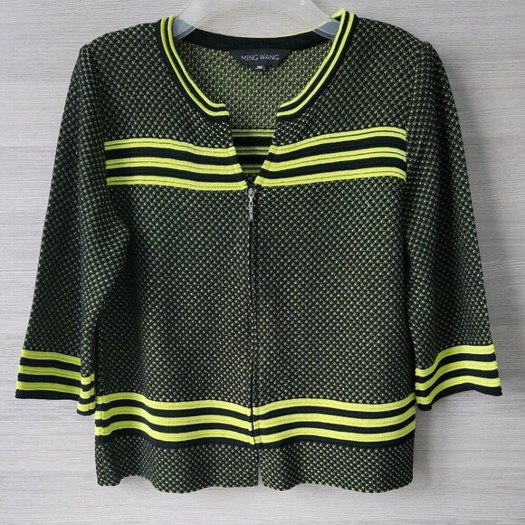 Ming Wang Zip Front Cardigan Jacket Black Green Trim Knit 3/4 Sleeve Petite M - Picture 12 of 12